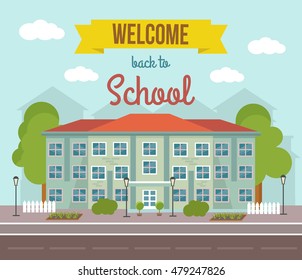 School flat colored poster with building landscape and welcome back to school headline vector illustration