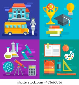 School flat compositions with building bus and teaching staff learning progress scientific disciplines stationery isolated vector illustration