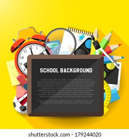 School flat design background with supplies and empty blackboard 