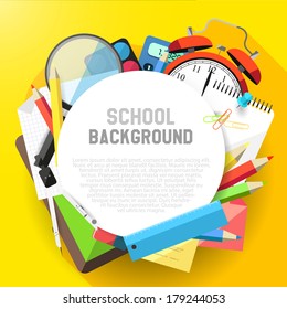 School flat design background with school supplies and copyspace