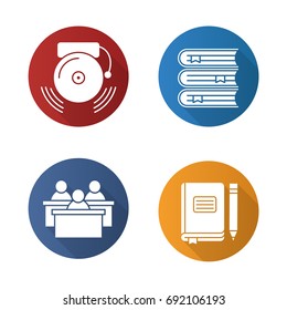 School flat design long shadow glyph icons set. Students, class journal with pencil, ringing school bell, books stack. Vector silhouette illustration