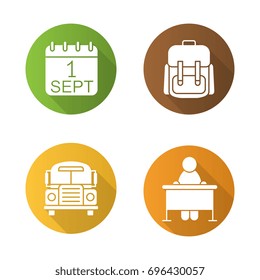 School flat design long shadow glyph icons set. September 1st date, school bus, student's rucksack, pupil sitting at desk. Vector silhouette illustration