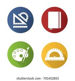 School flat design long shadow glyph icons set. Stationery items. School rulers, diary notebook, palette with brush. Vector silhouette illustration