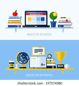 School flat design vector illustration with bookshelf and school supplies. Concepts for websites and printed materials