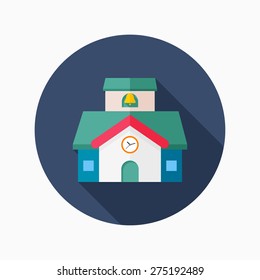 School flat icon with long shadow on blue circle background , educational concepts , vector illustration