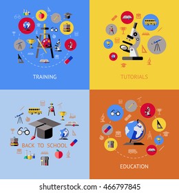 School flat icon set with descriptions of training tutorials back to school and education vector illustration
