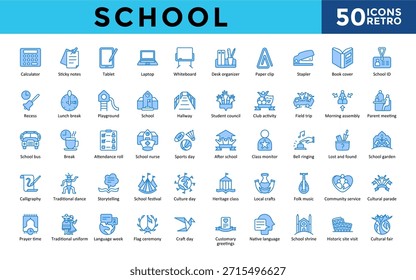 School flat icons set with calculator, sticky notes, tablet, laptop, whiteboard, desk organizer, paper clip, stapler, book cover, school id icon. Simple retro vector illustration collection 
