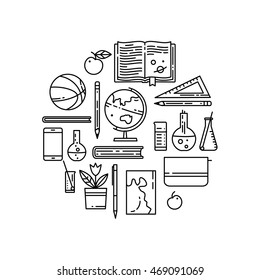 School flat line vector icons in round composition. 