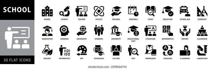 School Flat Style icon set. With concepts like study, graduation, schhol bus, calssroom, learning, Education and Teacher icons. Solid icon set. Vector illustration