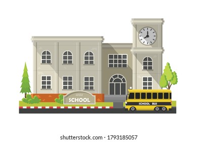Colegio de estilo plano aislado de fondo blanco, concepto de edificios educativos.
