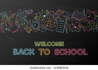 School flyer with cute hand drawn accessories. Vector.