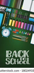 School flyer or poster. Vertical banner. Green chalkboard with stationery supplies for students and teachers. Educational background design concept.