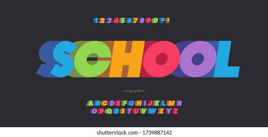 School Font 3d Bold Color Style Modern Typography For Poster, Event Decoration, Motion, Video, Game, T Shirt, Book, Banner. Cool Typeface. Trendy Alphabet. Vector 10 Eps