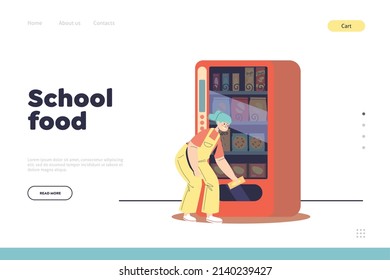 School food concept of landing page with small girl buying snack in vending machine in school cafeteria. Schoolgirl taking chocolate bar for lunch in dining room. Cartoon flat vector illustration