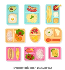 School food top view. Lunch boxes for children sort cases for products drinks snacks pizza fruits and vegetables vector pictures