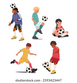 School football club little participants children soccer players cartoon characters enjoying training time activity isolated set. Kids exercising with ball developing sport skills vector illustration