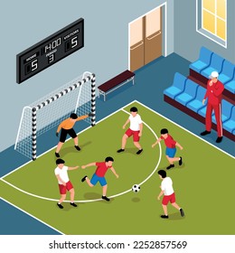 School football team during match in gym 3d isometric vector illustration