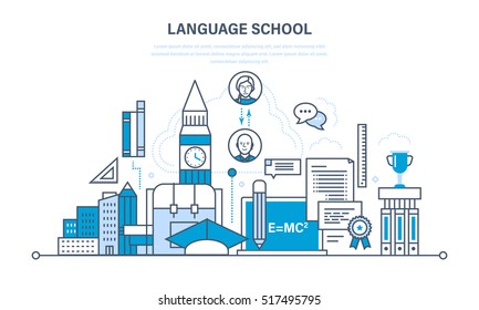 School foreign language learning, modern education, communication. Illustration thin line design of vector doodles, infographics elements.