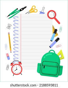 School frame or background with notebook, alarm clock, backpack and other supplies. Back to school template for flyer.