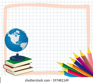 School frame with colored pencils, books and globe