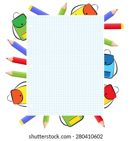 School frame with colorful crayons and backpack