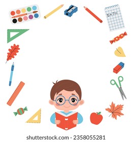 School frame with a cute little boy in glasses holding a book and stationery. Background with student, rulers, pen, pencils, notebook, scissors, eraser, sharpener, paints, leaved, candies and apple