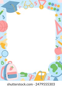 Diseño de Plantilla de marco escolar con útiles escolares en estilo plano de dibujos animados. Ilustración vectorial de regreso a la escuela.