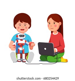 School friends boy & girl setting up modern programmable humanoid robot connected to laptop computer. Kids learning engineering experimenting with project together. Flat vector illustration.