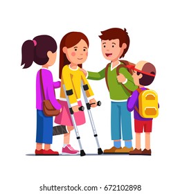 School friends girls, boys supporting teenage girl with bandage on broken right leg standing using crutches. Kids care & support concept. Flat style vector illustration isolated on white background.