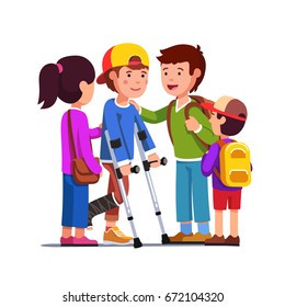 School friends girls, boys supporting teenage boy with bandage on broken right leg standing using crutches. Kids care & support concept. Flat style vector illustration isolated on white background.