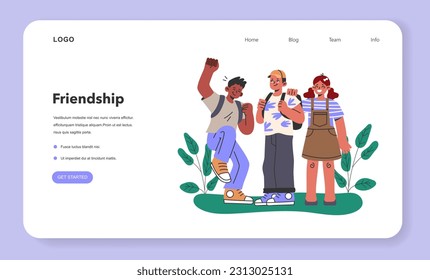 School friends group web banner or landing page. Children with backpacks standing together. Girl and boys middle school students, close lifelong friendship idea. Flat vector illustration