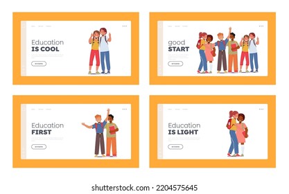 School Friends Landing Page Template Set. Girl and Boy Stand Together Showing Thumb Up. Kids Pupils Characters with Backpacks, Children Education, Happy Classmates. Cartoon People Vector Illustration