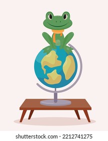 Icono de rana escolar. El lagarto verde se sienta en el globo, lección de geografía. Educación, aprendizaje y formación. Reacción para mensajeros instantáneos. Juguete o mascota para los niños. Dibujo vectorial plano de dibujos animados