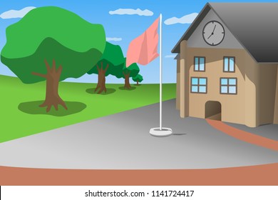 school front view blue sky green tree and flagstaff, cartoon style vector illustration
