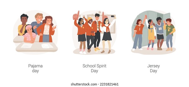 School fun days isolated cartoon vector illustration set. Children wear pajama in classroom, school spirit week, same color clothes, jersey day, young sport fans, support team vector cartoon.