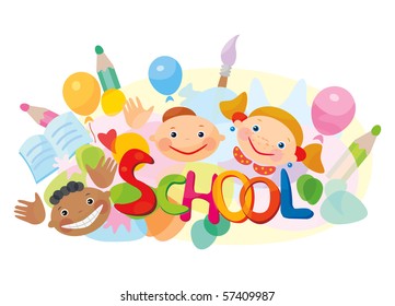 School! Fun kids different races.