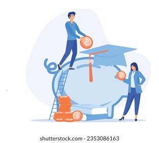 School fund, investment concept. man puts coin in a pig bank, saving money for education.  flat vector modern illustration 