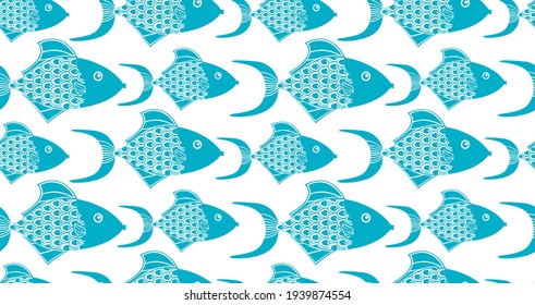 Escuela de peces divertidos. Patrón sin foco con peces azules decorativos. 