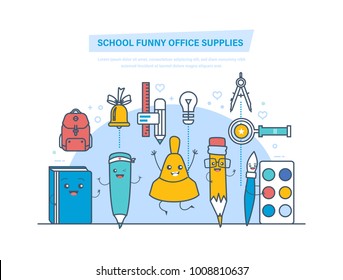 School funny office supplies characters. Education marker, pencil, backpack, magnifier, erasers, tube with glue, globe, calculator, compasses bell book paint Illustration thin line design