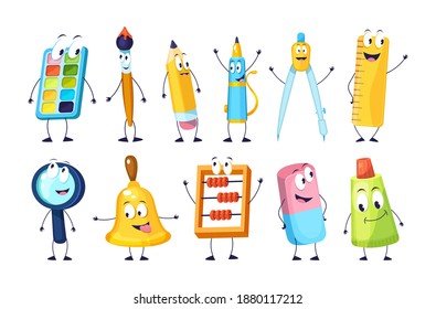 School funny office supplies characters. School stationery mascots with smile faces compass, book, marker, pen, backpack, eraser, globe, paints, calculator, bell, magnifier. Happy education supplies