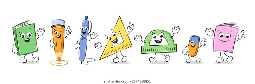 School funny office supplies characters in cartoon style. Book, notebook, pen, pencil, eraser, rulers. Knowledge and education concept. Vector illustration for children design or school.