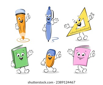 School funny office supplies characters in cartoon style. Book, notebook, pen, pencil, eraser, rulers. Knowledge and education concept. Vector illustration for children design or school.