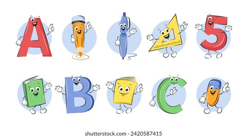 School funny office supplies characters letters ABC and numbers in cartoon style. Book, notebook, pen, pencil, eraser, rulers. Vector illustration for children design or school.