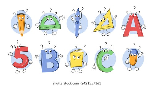 School funny office supplies characters letters ABC and numbers with question marks. Knowledge and education concept. Vector illustration in cartoon style for children design or school.