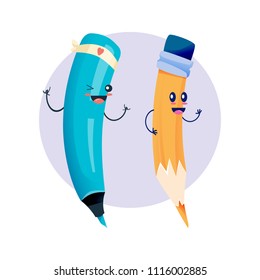School funny office supplies. Happy joyful dancing marker and pencil with face. Funny school dancing pencil and marker with a bandage on his head, winks and raises his hands up. Vector illustration.