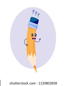 School funny office supplies. Happy joyful dancing pencil with face. Cartoon school happy character pencil, smiles and raises his hand up, reflect. Modern education. Vector illustration.