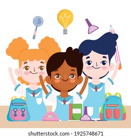 Estudiantes escolares divertidos con libro de frascos y caricatura de bolsos ilustraciones vectoriales