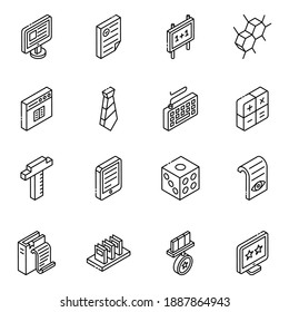 
Mobiliario escolar e Iconos isométricos de glifos de aprendizaje electrónico 