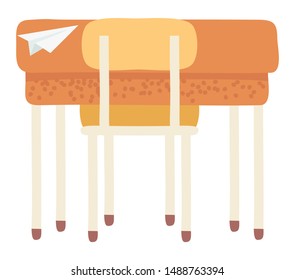 School furniture vector, isolated wooden desk with chair. Paper plane origami, education and getting knowledge in college. Workplace of student flat style. Back to school concept. Flat cartoon