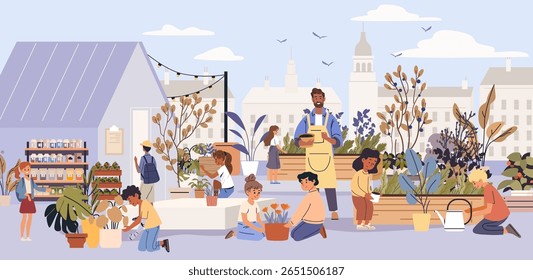 School garden outdoor education children planting flowers urban greenery teacher students teamwork greenhouse city background colorful plants